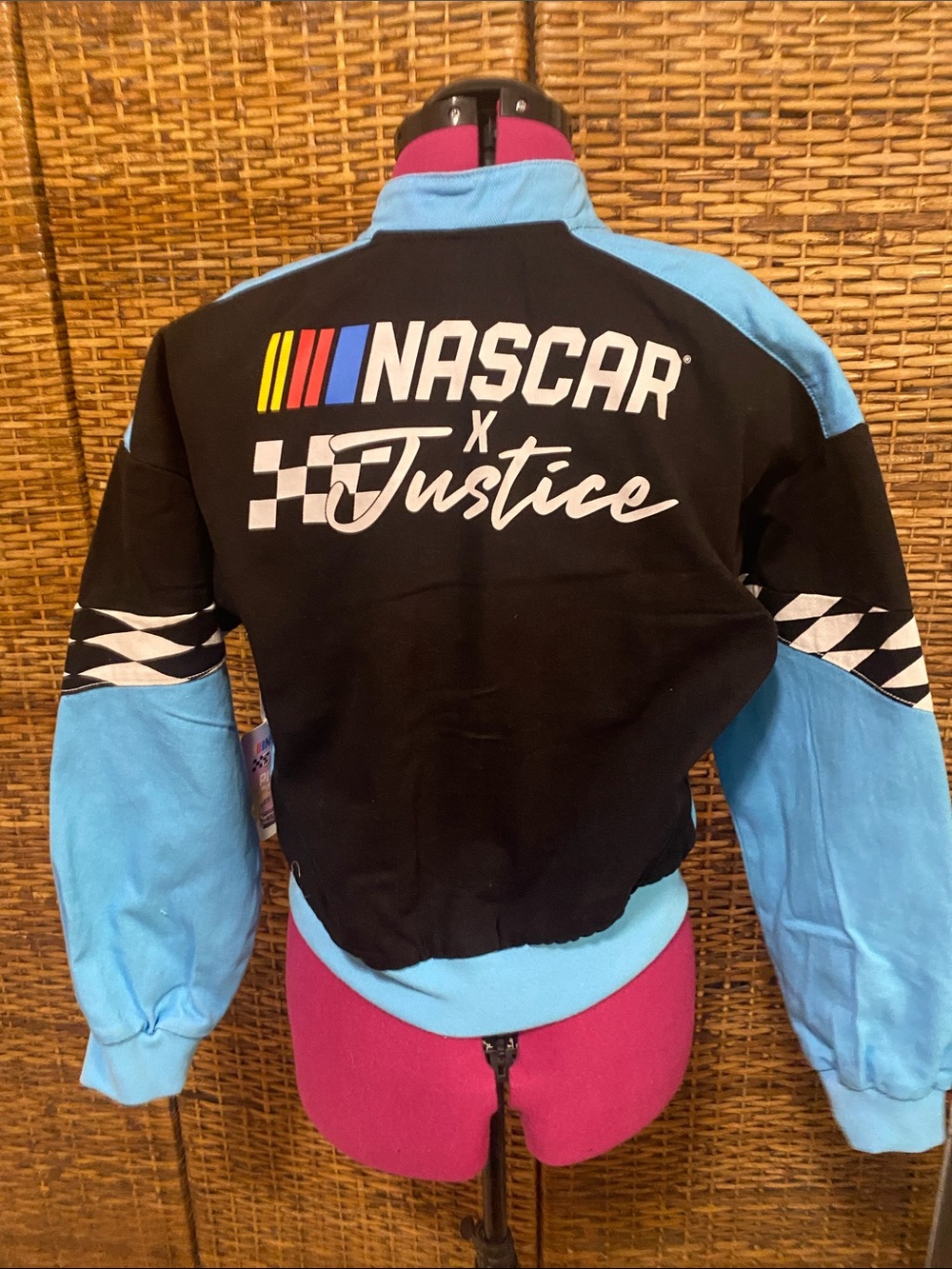 NWT nascar x Justice Racing black blue pink denim bomber jacket L, XS - Picture 2 of 5